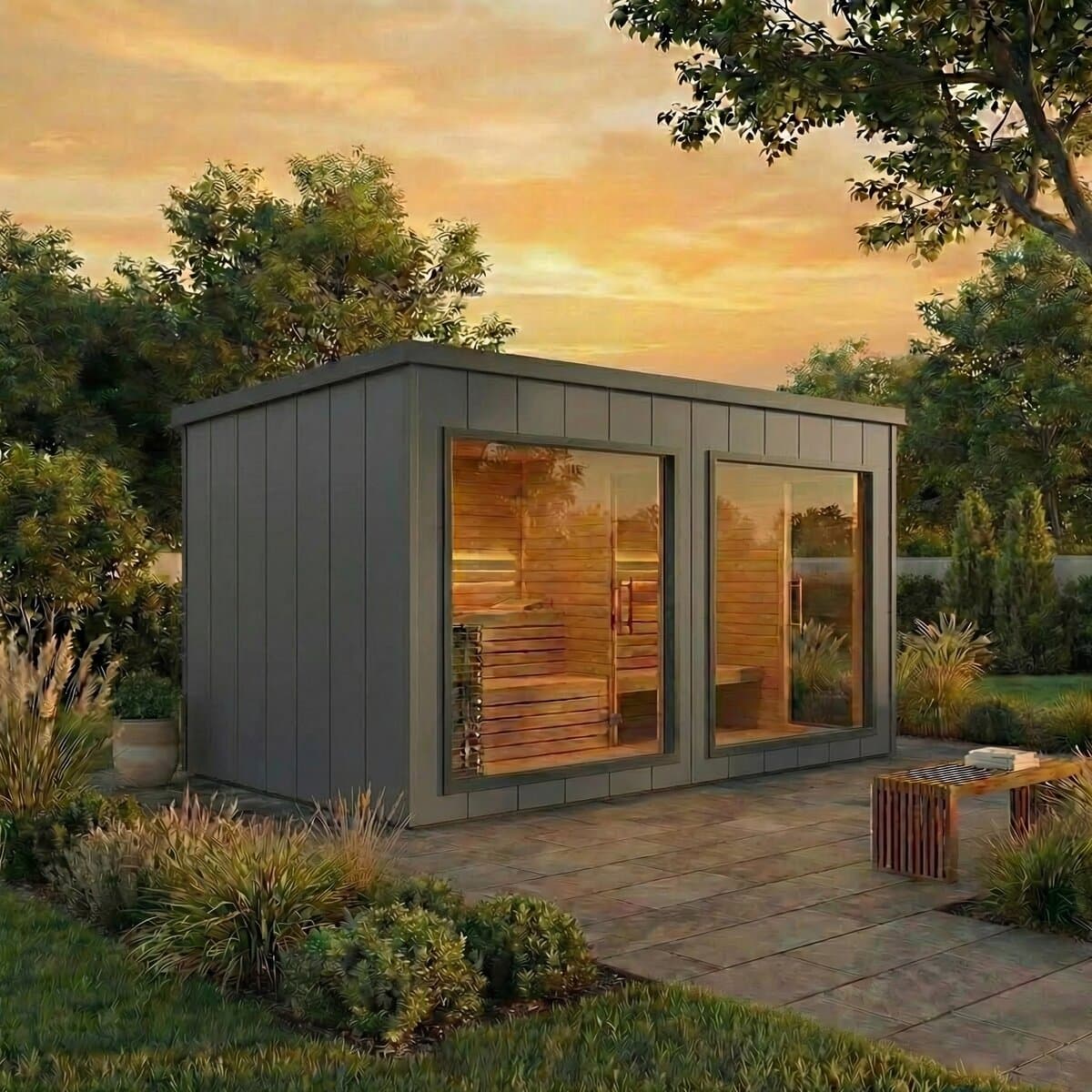 FINKA Inari — zahradní sauna při západu slunce